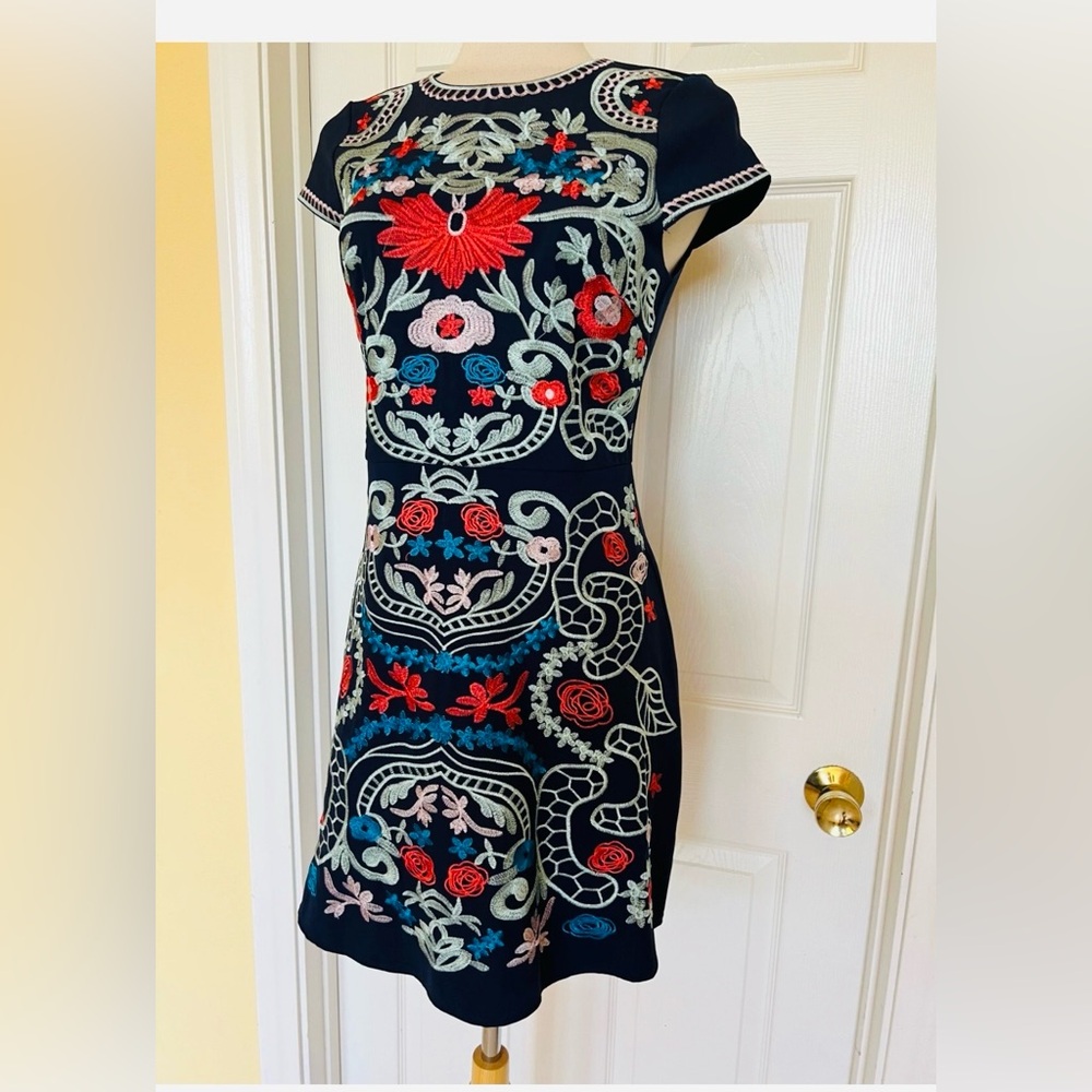 Anthropologie Foxiedox Sierra Blue Embroidered Mini Dress SIZE LARGE